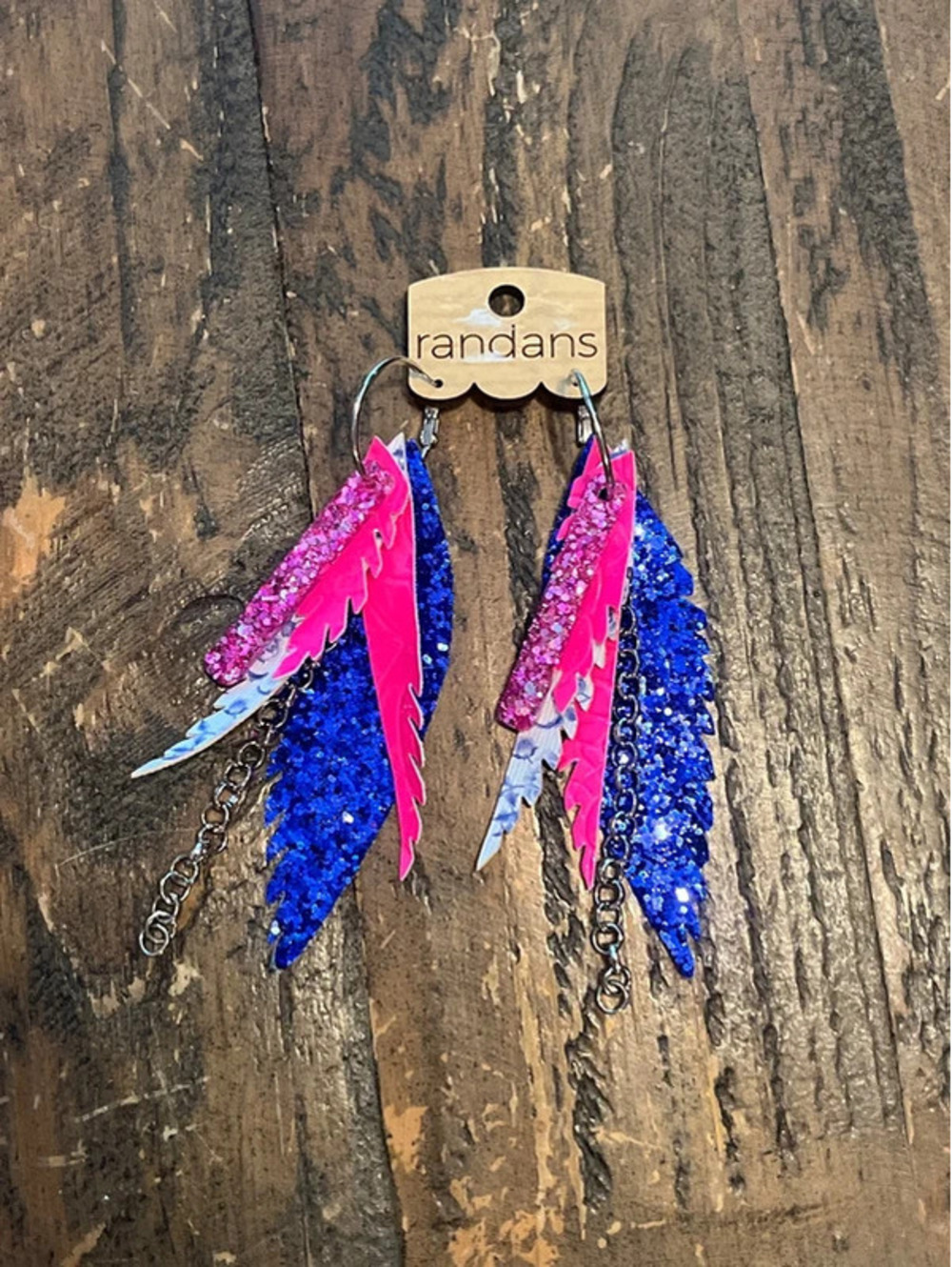 0020 Randans Pink & Blue Glitter Fringe Statement Hoop Earrings